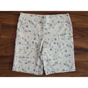 IZOD GOLF Womens Size 12 Bermuda Shorts White Navy Golf Print Stretch Novelty